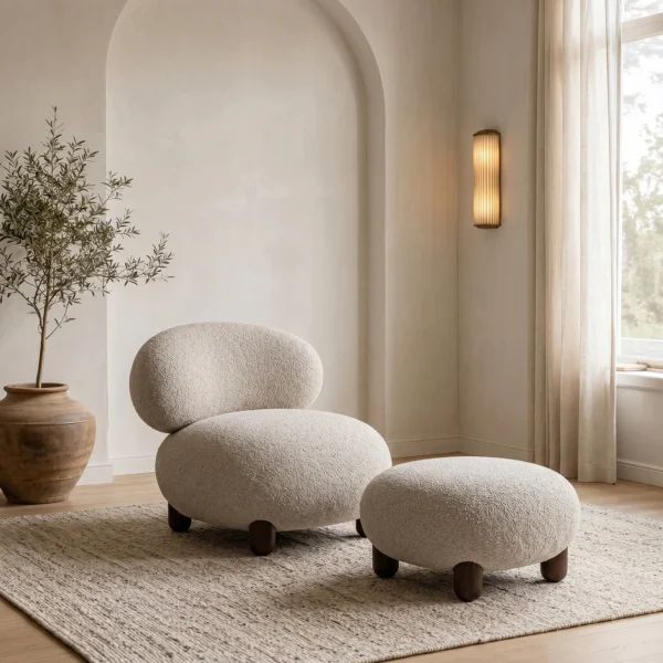 Bouclé Lounge Chair Set with Ottoman Footrest